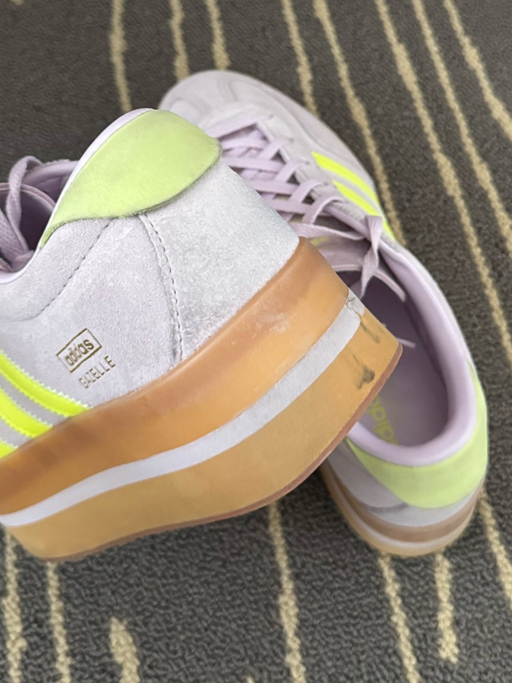 adidas Women's Gazelle Stack Lavender Suede Platform Sneakers with Neon Yellow - Picture 6 of 8